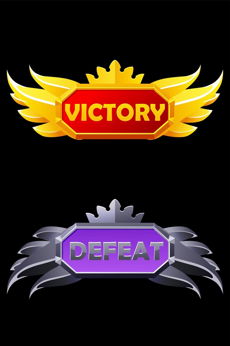Vector victoria y derrota emergente premio de activos dorados con corona para el juego conjunto de logotipo de banner de metal con alas