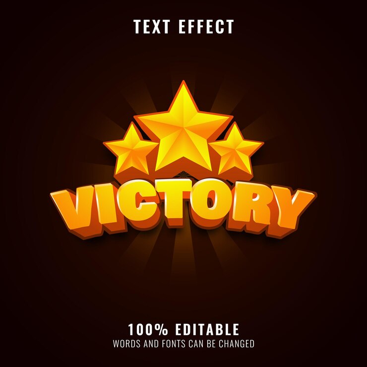 Vector victoria dorada con efecto de texto de juego de triple estrella