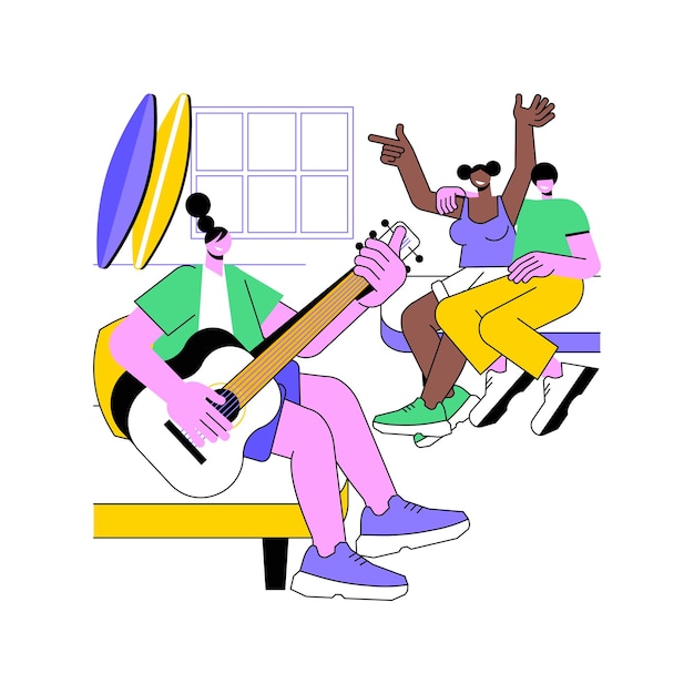 Vida de albergue aislada ilustraciones vectoriales de dibujos animados La gente sonriente se divierte con la guitarra en el albergue durante la gira conceptual Viajando con amigos Campamento de surf Vacaciones de dibujo animado vectorial