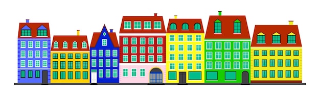 Vida de la ciudad casas coloridas en el estilo escandinavo calle de casas escandinavas paisaje con fachadas de edificios ilustración vectorial aislada sobre fondo blanco