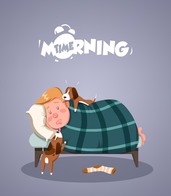 Vida diaria de la mañana. perros intentando despertar al dueño. ilustración vectorial