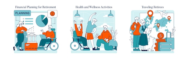 Una vida de jubilación feliz, personas mayores disfrutando de la planificación financiera, actividades de salud y viajes por el mundo