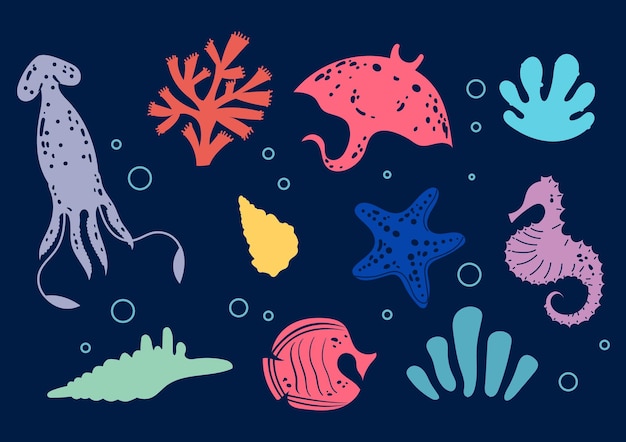 Vida marina animales submarinos del océano conjunto aislado elemento de ilustración de diseño gráfico vectorial