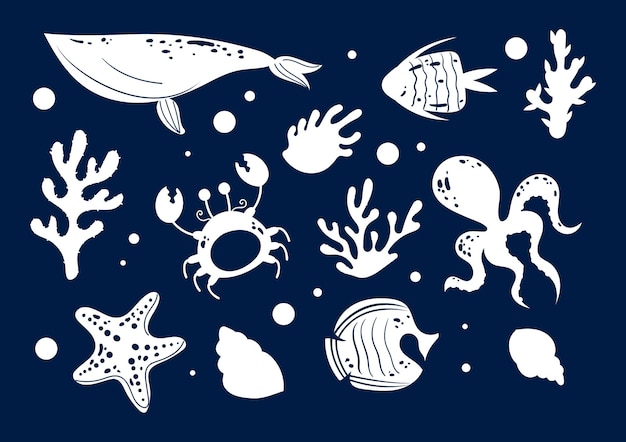 Vida marina animales submarinos del océano conjunto aislado elemento de ilustración de diseño gráfico vectorial