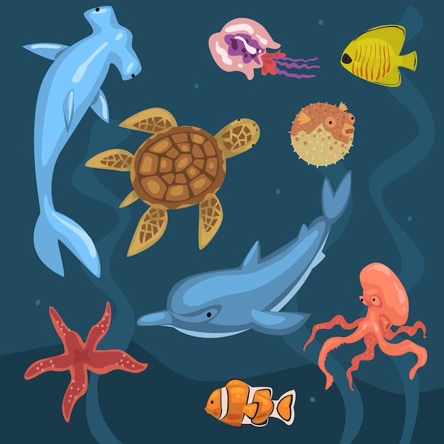 Vida marina habitantes de los océanos fauna marina de pulpos delfines estrellas de mar medusas peces tortugas vector