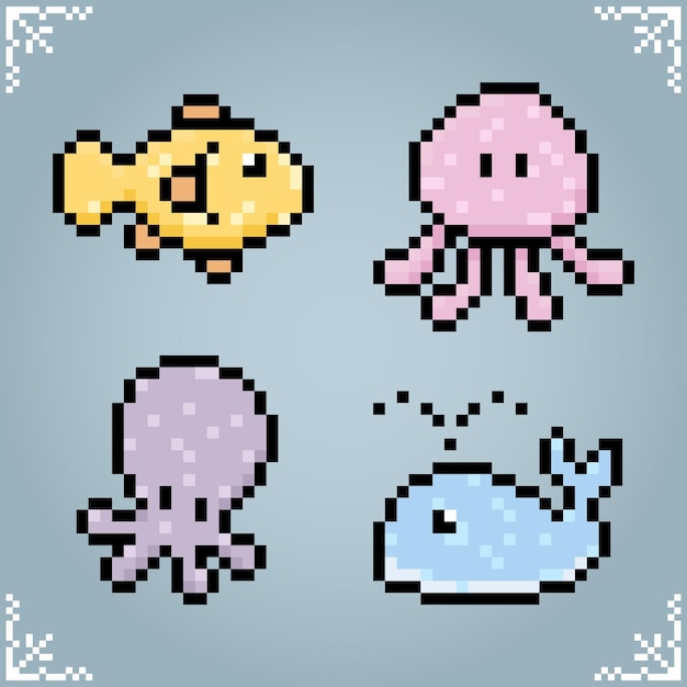 Vida marina peces medusas pulpo y ballenas en arte de píxeles de 8 bits Iconos para juegos retro