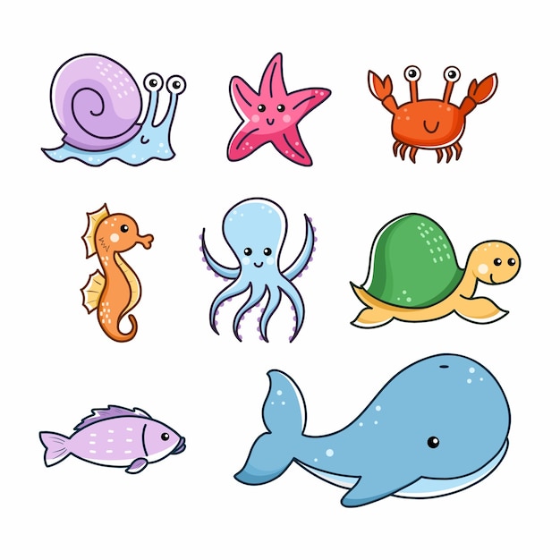 Vida marina Pescado y marisco Vector doodle ilustración para niños Set