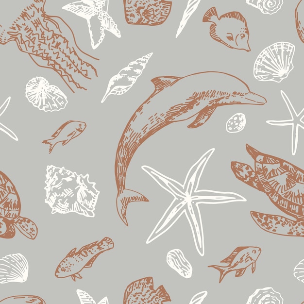Vida marina submarina vector de patrones sin fisuras Peces exóticos delfines estrellas de mar conchas tortuga medusas contorno dibujos Ornamento abstracto de animales del océano tropical