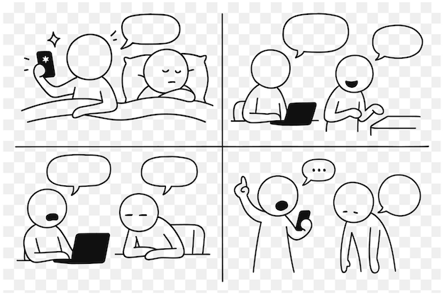 La vida moderna y la adicción a la tecnología representadas a través de dibujos simples