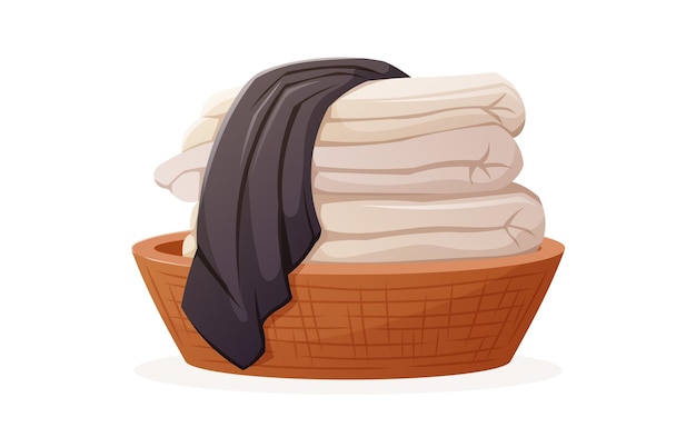 Vida muerta de una composición decorativa de baño de la canasta interior del hogar con una pila de toallas