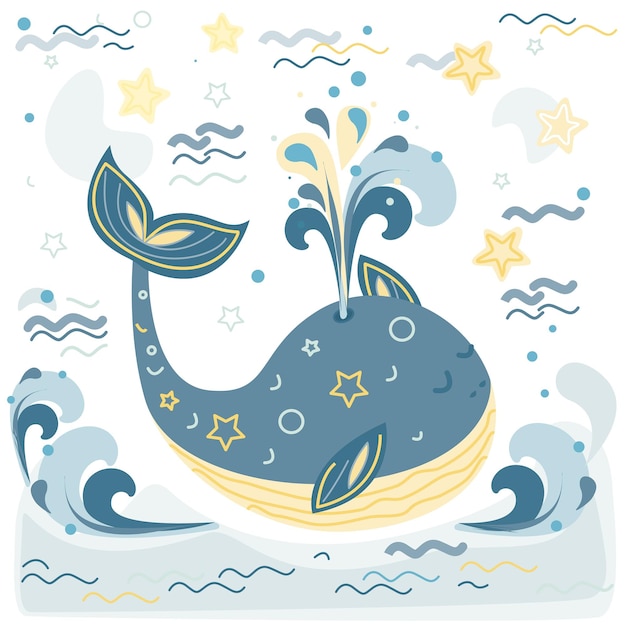 Vector vida oceánica ilustración vectorial de una linda ballena de dibujos animados en el mar con estrellas