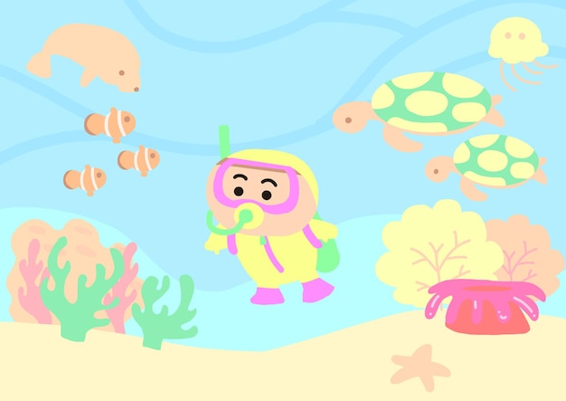 Vida en el océano y niño bajo el mar estilo de dibujos animados