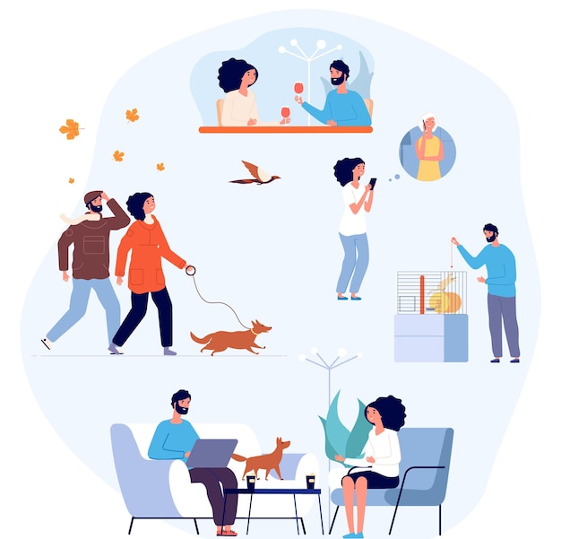 Una vida de pareja. Rutina diaria, estilo de vida hogareño acogedor. Período de autoaislamiento, hombre mujer viviendo juntos. Gente tomando café, paseando al perro, llamando a los padres y comunicando la ilustración vectorial