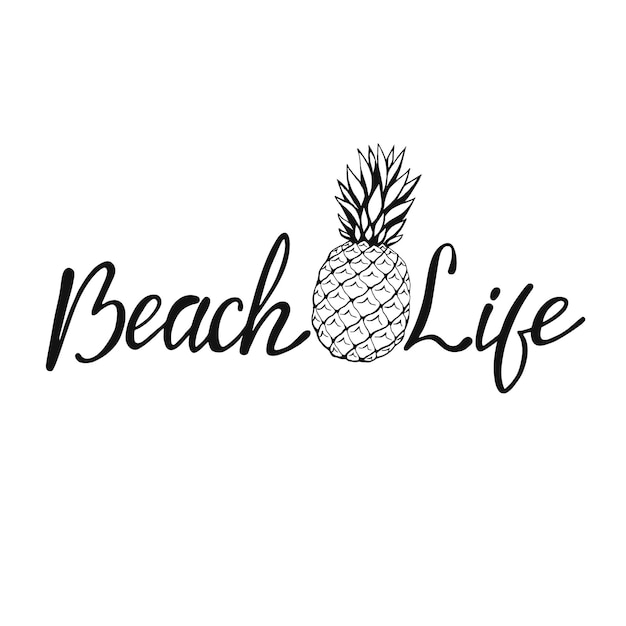 Vida en la playa letras escritas a mano Texto aislado en fondo blanco con elementos de diseño Tipografía de verano para superposiciones de fotos diseño de carteles de volantes impresos en camisetas Mensaje de vida en la playa