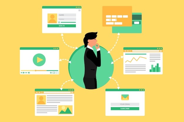 Vida web del empresario desde video, blog, redes sociales, compras en línea y correo electrónico. Interfaz gráfica de usuario y formularios y elementos de páginas web. Vector