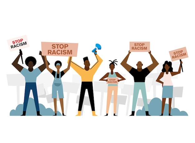 Vector las vidas negras importan detener el racismo pancartas megáfono mujeres y hombres diseño de tema de protesta.