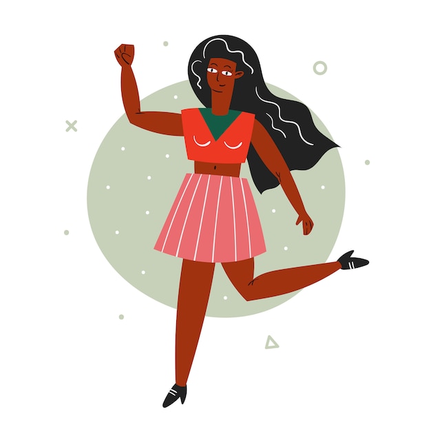 Las vidas negras importan. Mujer afroamericana con la mano arriba. Color de piel oscura. No racismo. Posición social activa. Paz. Emoción positiva Ilustración plana