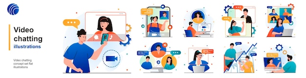Video chat conjunto aislado comunicación en línea mediante la aplicación de videollamadas de escenas en diseño plano