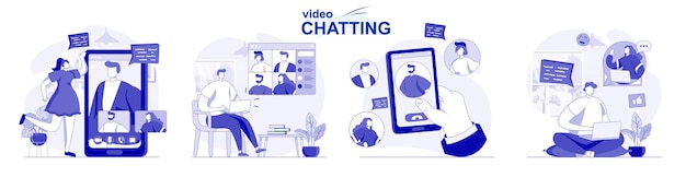 Video chat conjunto aislado en diseño plano personas chatean con amigos en línea usando la aplicación de videollamadas