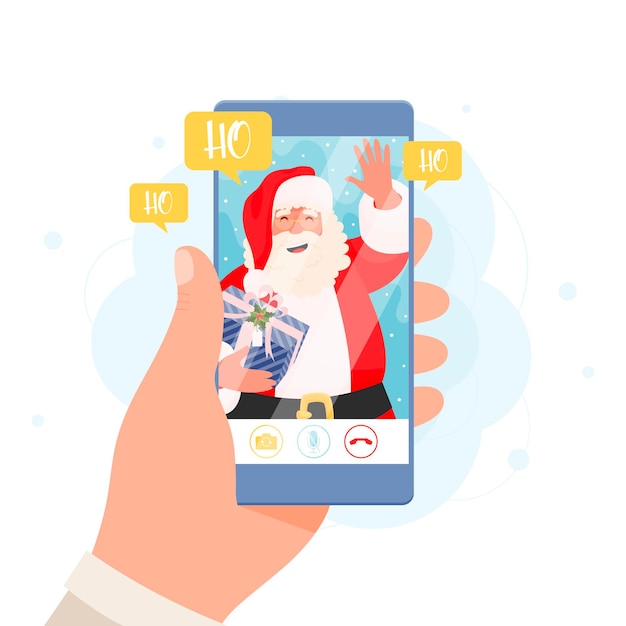 Video chat con santa claus en una ilustración del concepto de teléfono inteligente