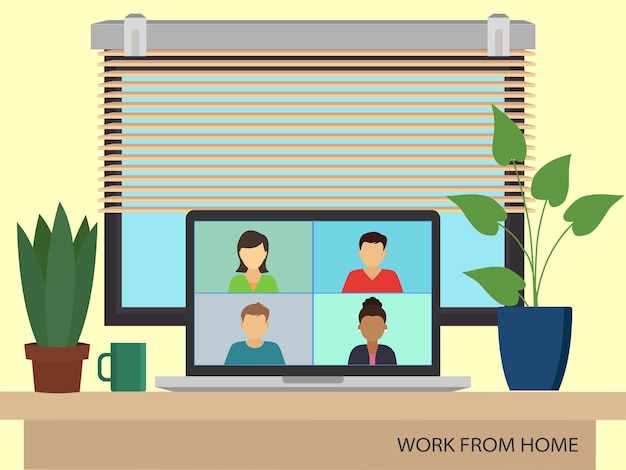 Video conferencia. El concepto de trabajo remoto. Una computadora portátil de pantalla plana con un grupo de colegas
