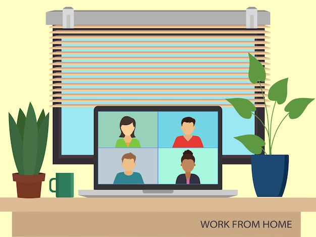 Vector video conferencia. el concepto de trabajo remoto. una computadora portátil de pantalla plana con un grupo de colegas