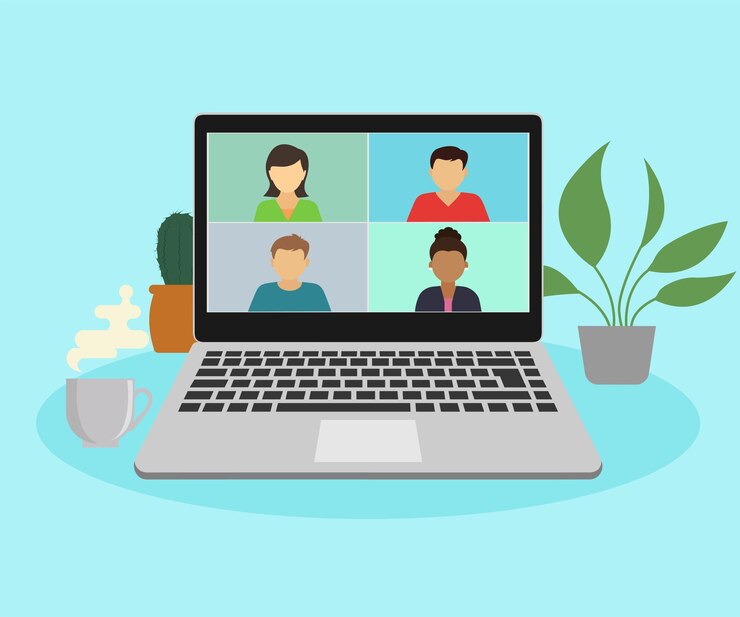 Vector video conferencia. el concepto de trabajo remoto. una computadora portátil de pantalla plana con un grupo de colegas
