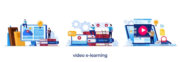Video elearning para el concepto de estudiante de educación curso en línea tutoría enseñanza vector de diseño plano