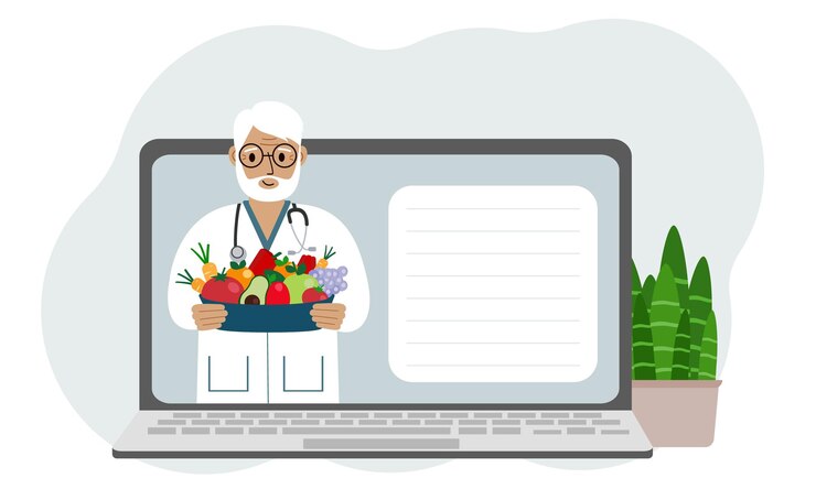Vector video en línea o consulta de un médico masculino en una computadora portátil dietista nutricionista