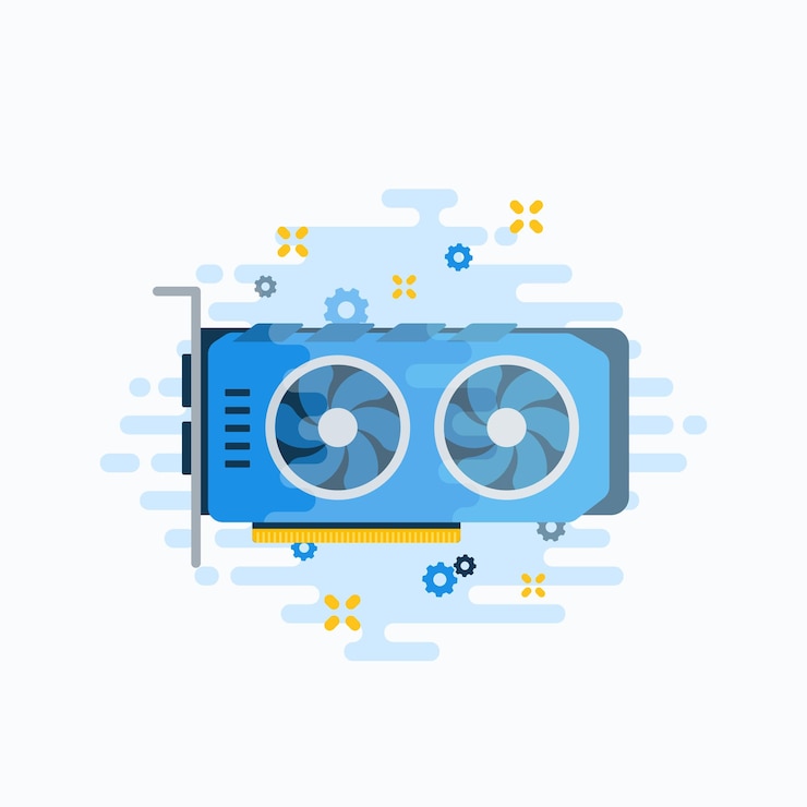 Vector video o tarjeta gráfica plantilla de vector abstracto estilo plano gpu crypto moneda minería hardware ilustración componente de computadora personal con iconos de engranajes y chispas