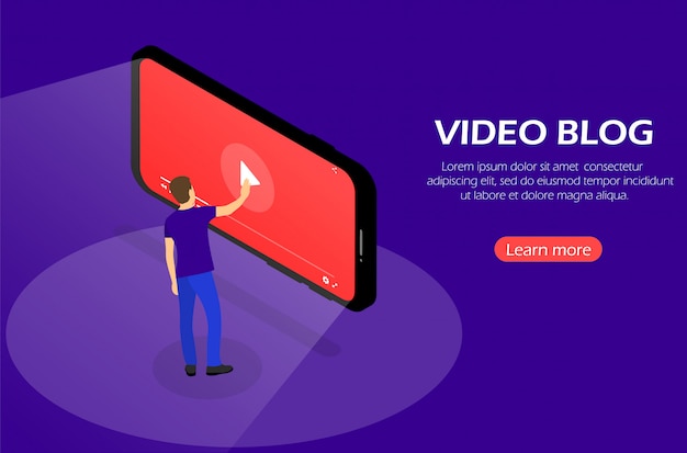 Vector videoblog. concepto con carácter y teléfono inteligente. isométrica