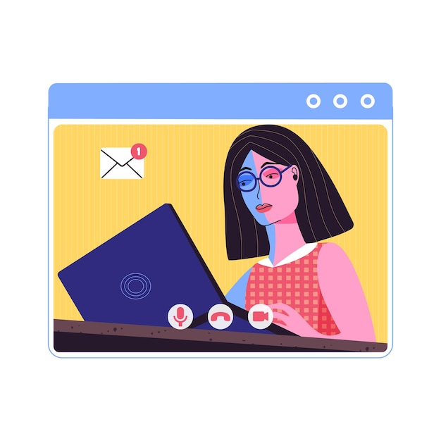 Videoconferencia y chat. Trabajar desde casa. Lugar de trabajo, pantalla de computadora portátil, mujeres hablando por internet. Transmitir, chatear en la web, conocer amigos en línea. Ilustración plana de dibujos animados