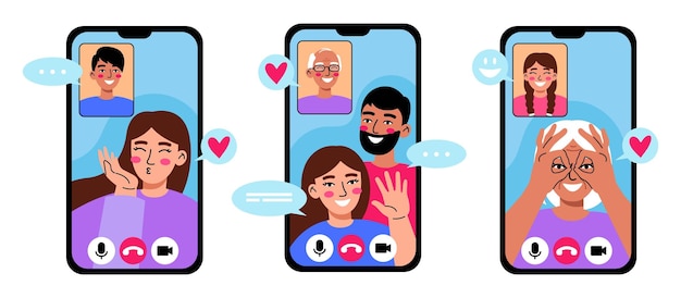 Vector videoconferencia de comunicación familiar en internet la gente hace una videollamada a través de un teléfono móvil