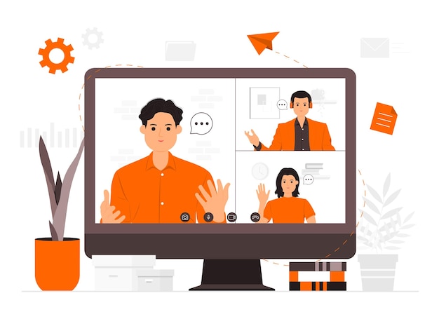 Videoconferencia de concepto de diseño plano de ilustraciones. Trabajo de reunión en línea desde casa.