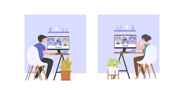 Vector videoconferencia masculina y femenina con amigos o equipo, reunión en línea, trabajo desde casa. ilustración
