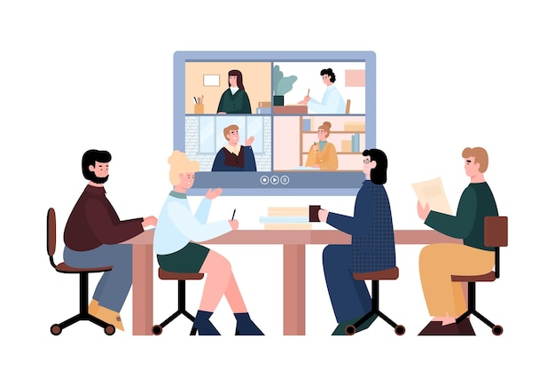 Videoconferencia de negocios con ilustración vectorial de dibujos animados de personas aislada