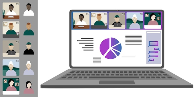 Videoconferencia trabajando desde casa Colegas de diferentes nacionalidades y edades hablan en portátil