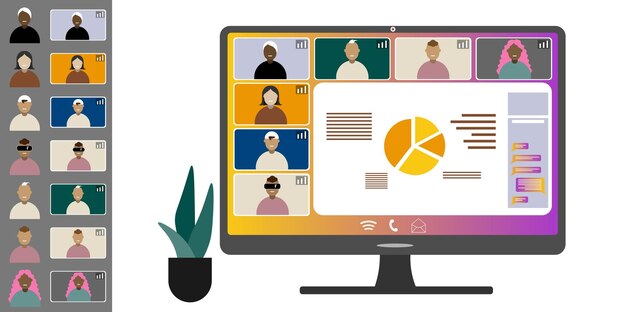 Videoconferencia trabajando desde casa Colegas de diferentes nacionalidades y edades hablan