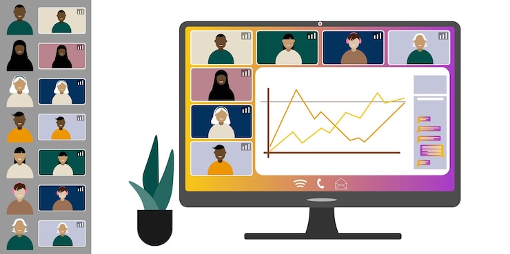 Vector videoconferencia trabajando desde casa colegas de diferentes nacionalidades y edades hablan