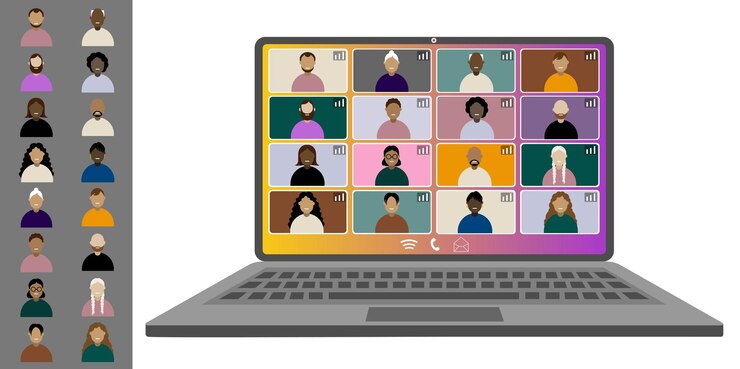 Vector videoconferencia trabajando desde casa colegas de diferentes nacionalidades y edades hablan