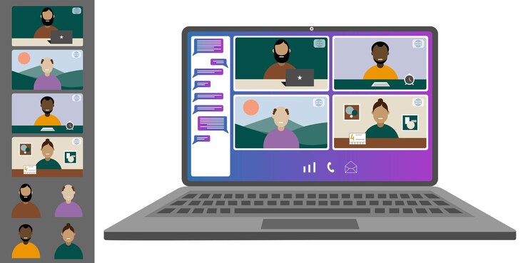 Vector videoconferencia trabajando desde casa colegas de diferentes nacionalidades y edades hablan