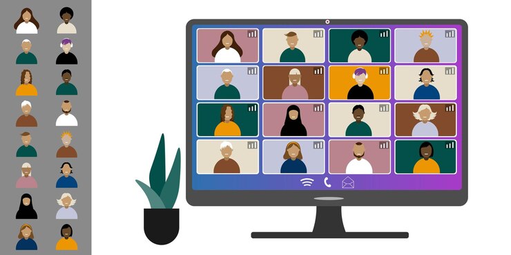 Vector videoconferencia trabajando desde casa colegas de diferentes nacionalidades y edades hablan