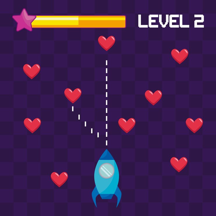 Vector videojuego clásico cohete volador y corazones