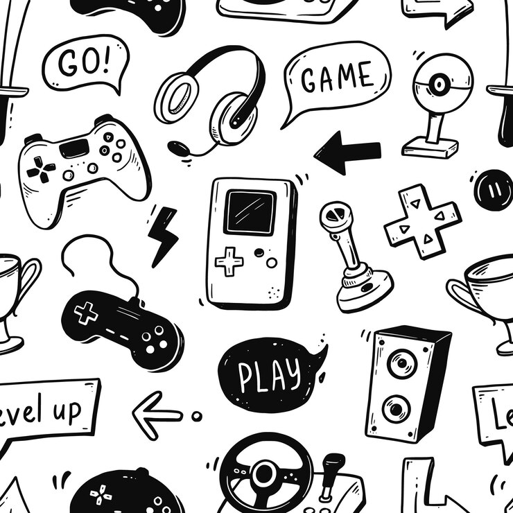 Videojuego dibujado a mano doodle de patrones sin fisuras Elemento de controlador de joystick de consola de jugador de video