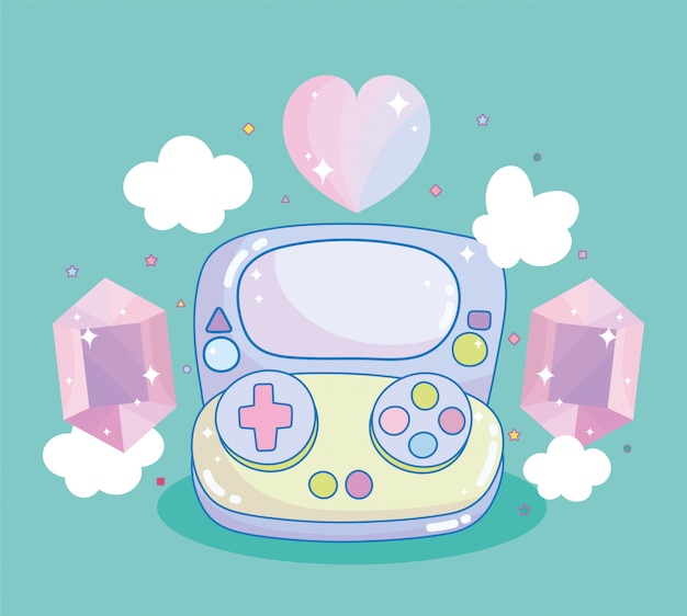 Videojuego gamepad gemas corazón diamante dispositivo de dispositivo de entretenimiento electrónico de dibujos animados
