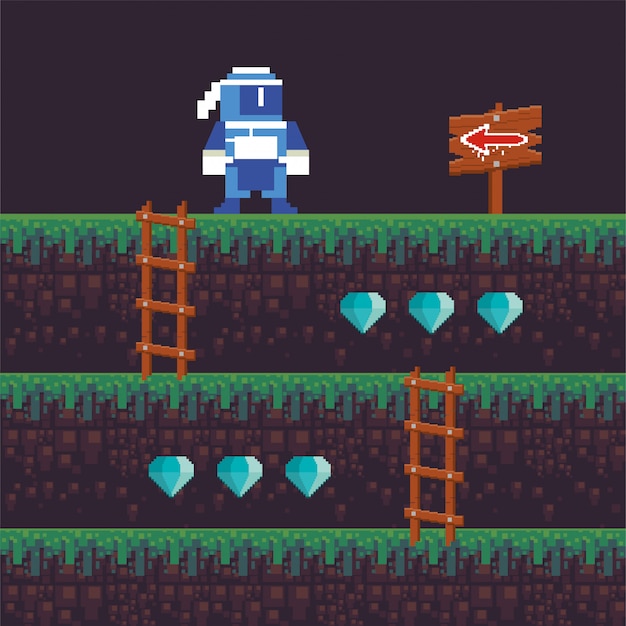 Videojuego ninja warrior en escena pixelada