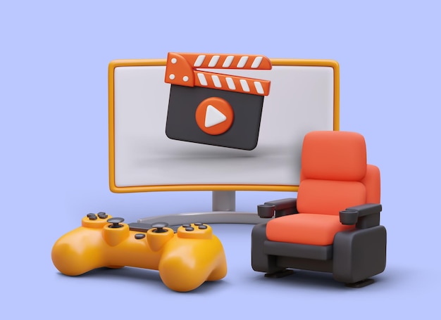 Videojuegos cine en línea Entretenimiento virtual pantalla 3D claqueta silla gamepad