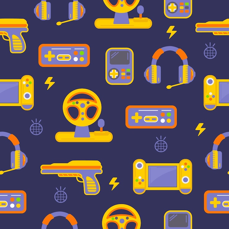 Vector videojuegos patrón sin costuras joystick juego de computadora digital gadgets planos elementos para juegos en línea tecnologías retro fondo vectorial neotérico con ilustración de joystick digital
