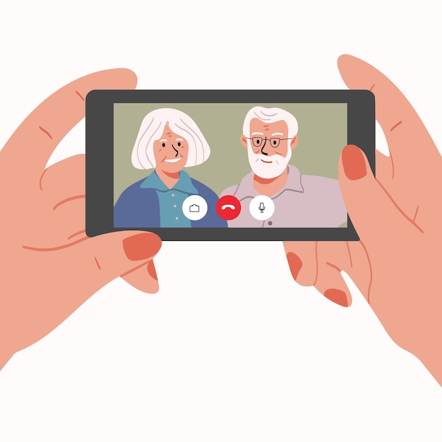 Videollamada con ilustración de abuelos o padres en estilo plano de dibujos animados