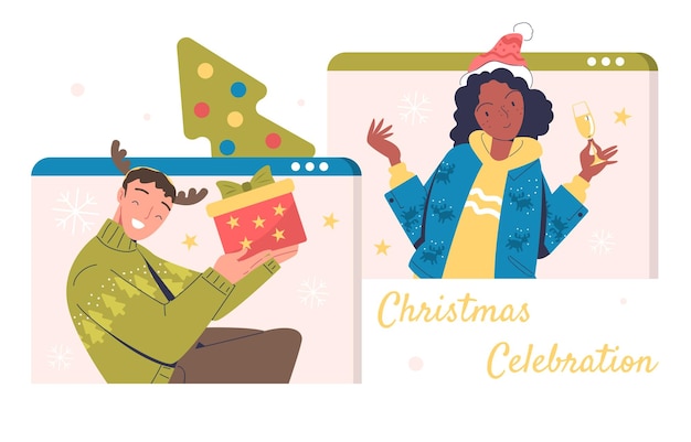 Videollamada navideña en línea, hombre y mujer celebran el año nuevo juntos, amigos se comunican en redes sociales